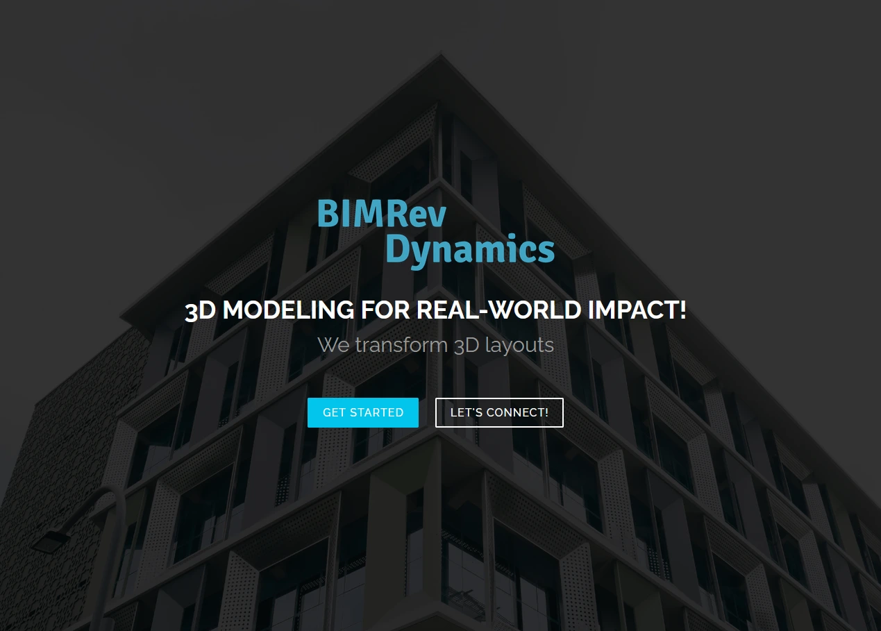 Modern building with overlay text: “BIMRev Dynamics, 3D modeling for real-world impact! We transform 3D layouts. Get Started. Let’s Connect!”.