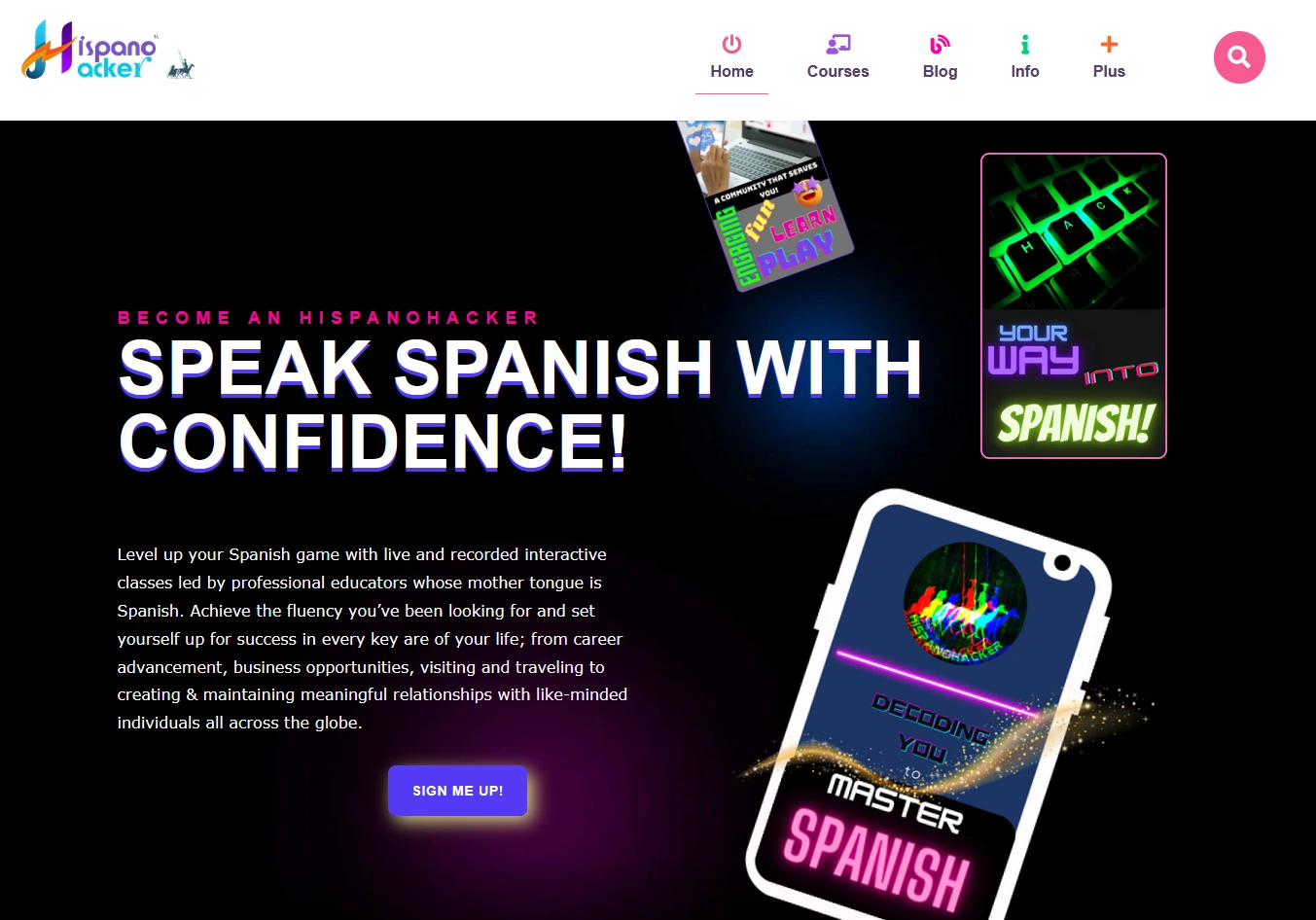 A website homepage promoting learning Spanish with interactive classes, featuring bold text, colorful graphics, and mobile phone images encouraging users to sign up.