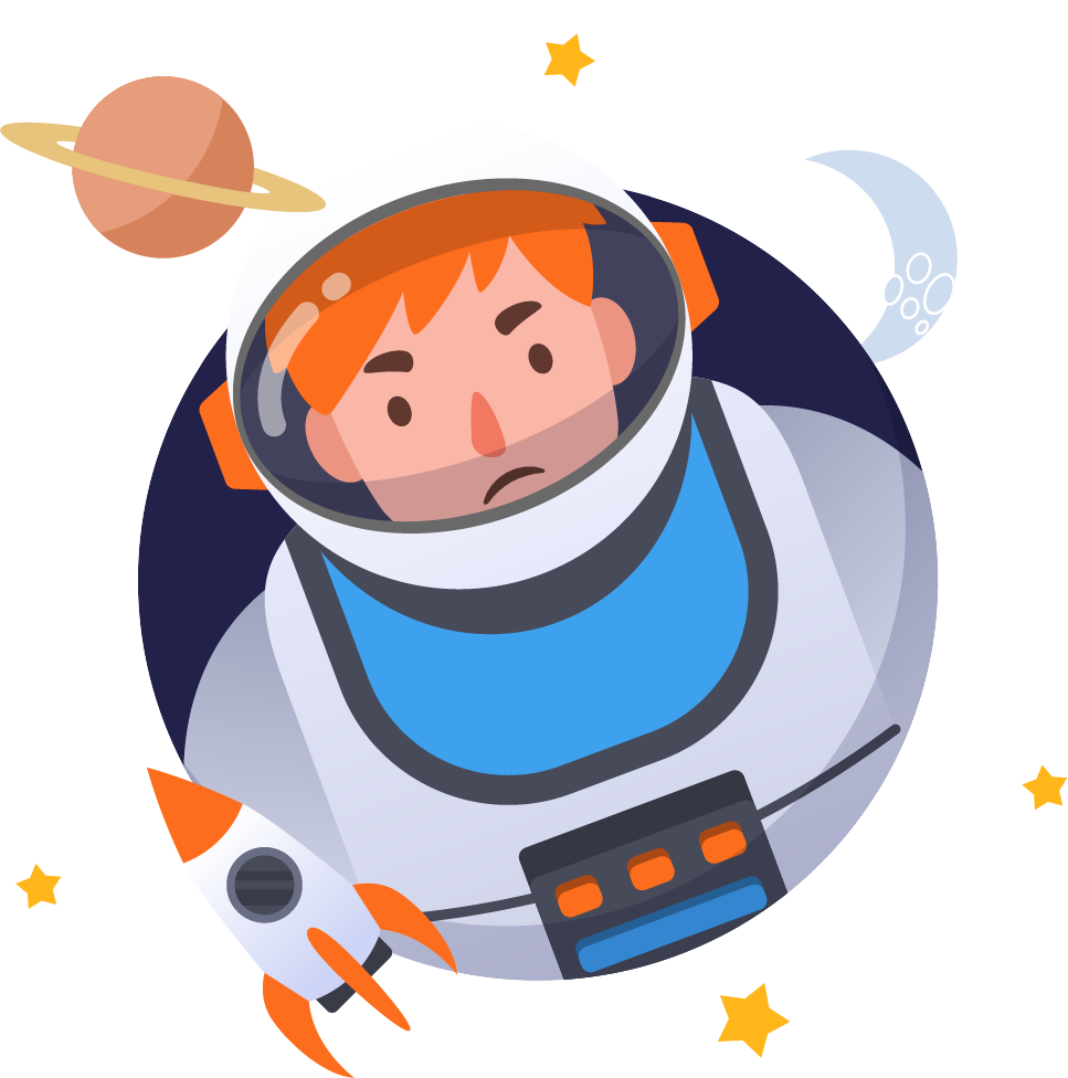 Illustration of an astronaut with orange hair in a spacesuit, holding a small rocket, with planets, stars, and the moon in the background.